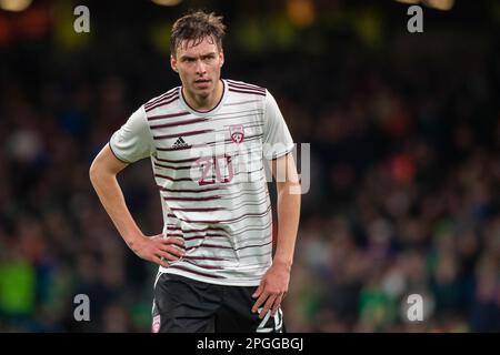 Dublino, Irlanda. 22nd Mar, 2023. Roberts Uldrikis di Lettonia durante la partita internazionale amichevole tra la Repubblica d'Irlanda e la Lettonia allo stadio Aviva di Dublino, Irlanda il 22 marzo 2023 (Foto di Andrew SURMA/ Credit: Sipa USA/Alamy Live News Foto Stock