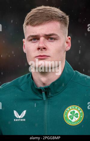 Dublino, Irlanda. 22nd Mar, 2023. Evan Ferguson d'Irlanda durante la partita internazionale amichevole tra la Repubblica d'Irlanda e la Lettonia all'Aviva Stadium di Dublino, Irlanda, il 22 marzo 2023 (Foto di Andrew SURMA/ Credit: Sipa USA/Alamy Live News Foto Stock