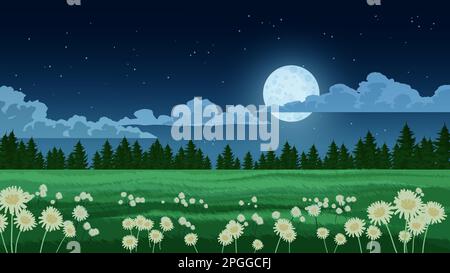 Paesaggio rurale notturno con fiori e luna piena. Scenario naturale vettoriale Illustrazione Vettoriale