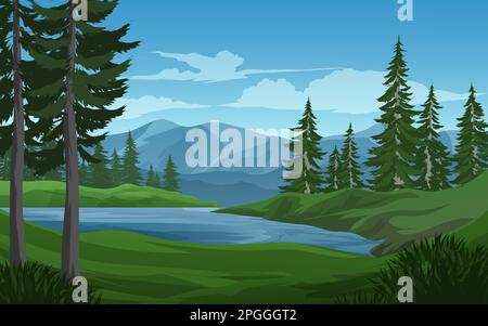Paesaggio vettoriale con montagna e foresta di conifere Illustrazione Vettoriale