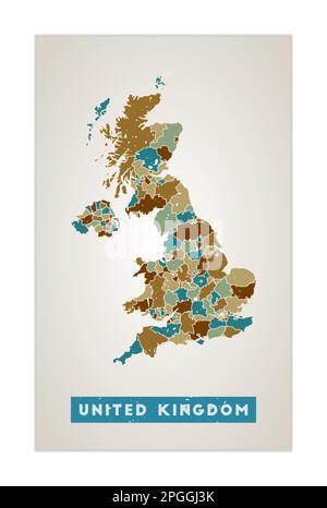 Mappa del Regno Unito. Poster del paese con le regioni. Vecchia trama grunge. Forma del Regno Unito con il nome del paese. Elegante illustrazione vettoriale. Illustrazione Vettoriale