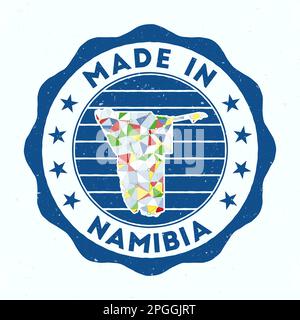 Prodotto in Namibia. Francobollo rotondo. Sigillo della Namibia con profilo a bordo. Badge vintage con testo circolare e stelle. Illustrazione vettoriale. Illustrazione Vettoriale