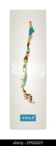 Mappa del Cile. Poster del paese con le regioni. Vecchia trama grunge. Forma del Cile con nome del paese. Elegante illustrazione vettoriale. Illustrazione Vettoriale