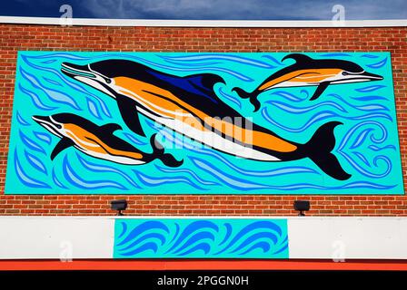 Un murale di delfini che nuotano nell'oceano è appeso all'appropriato Dolphin Inn, un hotel storico nel bosco selvaggi sulla costa di Jersey Foto Stock
