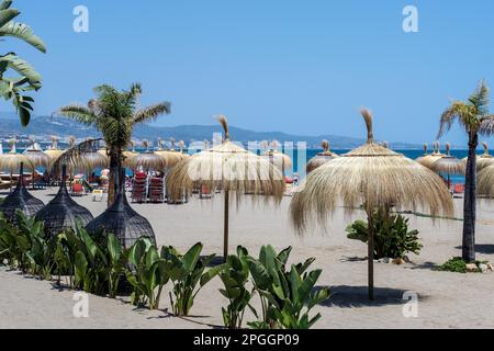 Ombrelloni sulla spiaggia in Puerto Banus Foto Stock