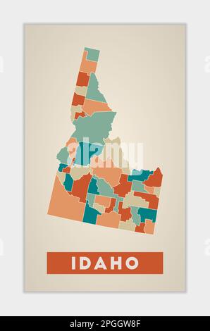 Poster dell'Idaho. Mappa dello stato degli Stati Uniti con regioni colorate. Forma dell'Idaho con il nome dello stato degli Stati Uniti. Potente illustrazione vettoriale. Illustrazione Vettoriale