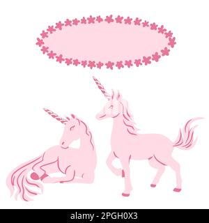 Illustrazione disegnata a mano di unicorno rosa. Telaio ovale. Pastello mitologico cavallo creatura n cartone animato stile girly per bambini decorazione vivaio, carino kawaii animale, semplice fiaba arte Foto Stock