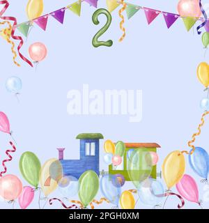 Carta acquerello per compleanni dei bambini isolata su sfondo blu. Illustrazione dipinta a mano per biglietti d'auguri, poster, sfondo, cartolina Foto Stock