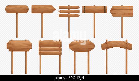 Set realistico di cartelli in legno isolati su sfondo trasparente. Illustrazione vettoriale di cartelli quadrati, rotondi, rettangolari vuoti con frecce che puntano verso la direzione o il nome. Elemento di design dell'interfaccia utente del gioco Illustrazione Vettoriale