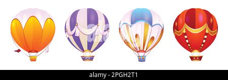 Set di cartoni animati di palloncini ad aria calda isolati su sfondo bianco. Illustrazione vettoriale di aerostati fantasy colorati con cestini che volano in alto nel cielo. Trasporto da favola magica. Elemento di design avventura Illustrazione Vettoriale