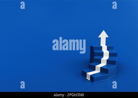 Freccia bianca su con scala blu su fondo pavimento blu, 3D freccia che sale su una scala, 3D scale con freccia che sale, 3D rendering Foto Stock