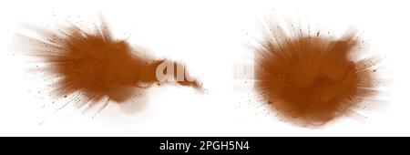 Set realistico di nubi di polvere di cannella isolato su sfondo bianco. Illustrazione vettoriale di polvere marrone secco scoppiare in aria, fragrante condimento spruzzato Illustrazione Vettoriale