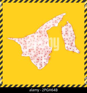 Brunei chiuso - segnale di pericolo del virus. Icona del paese di blocco. Bordo a strisce nere intorno alla mappa con il concetto di diffusione del virus. Illustrazione vettoriale. Illustrazione Vettoriale