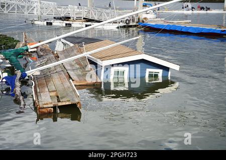 Oakland, Stati Uniti. 22nd Mar, 2023. Vista di una casa galleggiante sommersa. Una barca e una casa galleggiante parcheggiate presso il Jack London Aquatic Center di Oakland, California, si sono sommerse durante la forte tempesta del 21 marzo. La tempesta arrivò a San Francisco Bay Area il 21 marzo fece già morire almeno due persone e più auto danneggiate. Credit: SOPA Images Limited/Alamy Live News Foto Stock