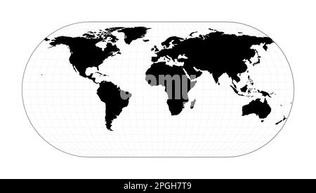 Mappa del mondo minima. Proiezione di Eckert III. Mappa geografica del mondo pianeggiante con linee reticolari. Illustrazione vettoriale. Illustrazione Vettoriale