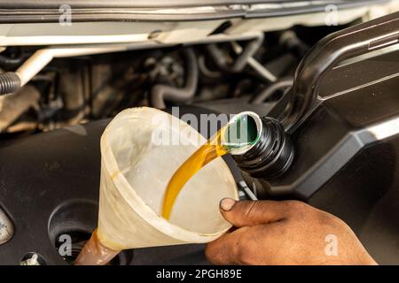 Versare olio motore nuovo nel motore del veicolo Foto Stock