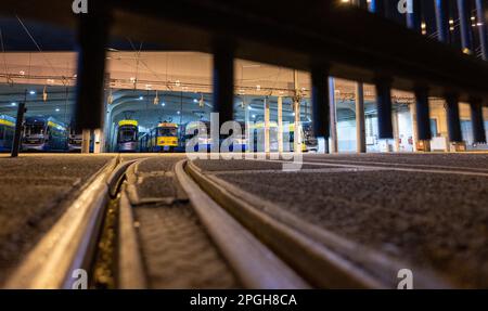 Lipsia, Germania. 23rd Mar, 2023. I tram si trovano nel deposito Angerstraße di Leipziger Verkehrsbetriebe (LVB) a Lipsia. Il sindacato Verdi ha invocato lo sciopero d'allarme. Fino a venerdì mattina sono previste restrizioni estese nei servizi di autobus e tram. Credit: Hendrik Schmidt/dpa/Alamy Live News Foto Stock