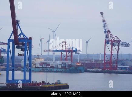 Amburgo, Germania. 23rd Mar, 2023. Una nave container si trova presso il terminal Eurogate Container nel porto. Il porto di Amburgo, di gran lunga il più importante centro di movimentazione merci in Germania, rimarrà chiuso giovedì alle grandi navi. Uno sciopero di avvertimento presso l'autorità portuale di Amburgo (HPA) è iniziato mercoledì all'inizio del turno di lavoro tardivo. Credit: Marcus Brandt/dpa/Alamy Live News Foto Stock