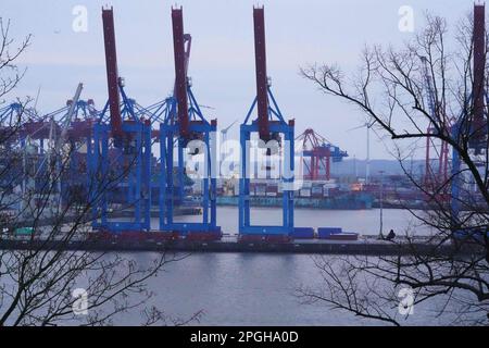 Amburgo, Germania. 23rd Mar, 2023. Una nave container si trova presso il terminal Eurogate Container nel porto. Il porto di Amburgo, di gran lunga il più importante centro di movimentazione merci in Germania, rimarrà chiuso giovedì alle grandi navi. Uno sciopero di avvertimento presso l'autorità portuale di Amburgo (HPA) è iniziato mercoledì all'inizio del turno di lavoro tardivo. Credit: Marcus Brandt/dpa/Alamy Live News Foto Stock