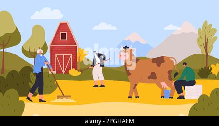 Caratteri contadini all'agricoltura agricola. Uomo seduto e mucca mungente in secchio. Personaggi femminili e maschili che lavorano Illustrazione Vettoriale
