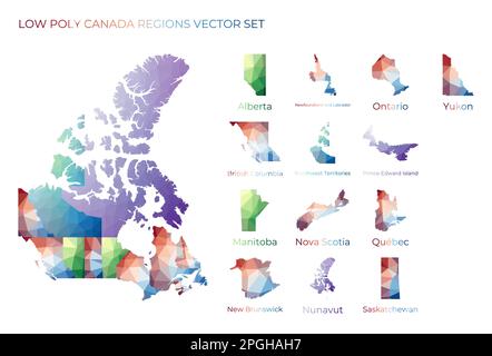 Regioni canadesi in polietilene basso. Mappa poligonale del Canada con regioni. Mappe geometriche per il progetto. Illustrazione vettoriale di classe. Illustrazione Vettoriale