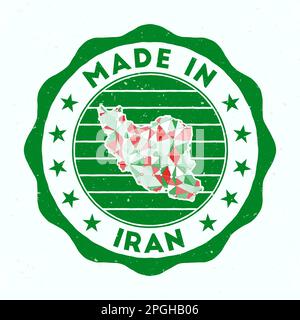 Prodotto in Iran. Francobollo rotondo. Sigillo dell'Iran con forma di confine. Badge vintage con testo circolare e stelle. Illustrazione vettoriale. Illustrazione Vettoriale