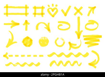 Tratti di marcatore disegnati a mano. Marcatore giallo brillante di forme diverse. Frecce e linee tratteggiate e ondulate disegnate a mano Illustrazione Vettoriale