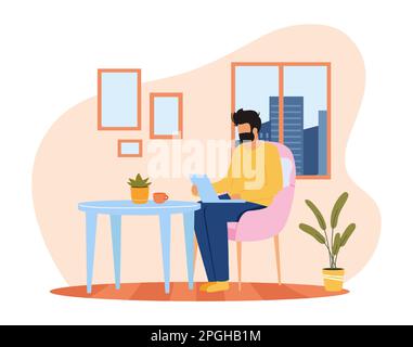 Una persona da lavoro indipendente seduta al tavolo con un computer portatile. Uomo che ha lavoro in linea. Concetto di occupazione remota Illustrazione Vettoriale