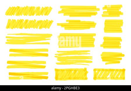 Linee del tratto del marcatore giallo, strisce del marcatore. Evidenziatore per il testo, elementi disegnati a mano per sottolineare la penna. Linee luminose Illustrazione Vettoriale