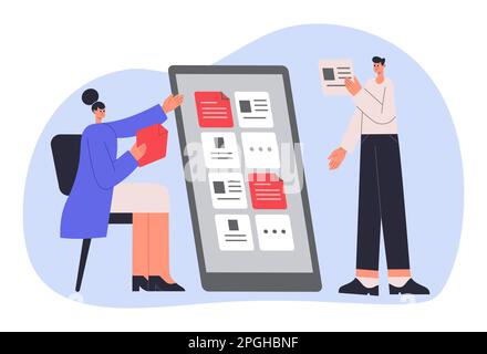 Kanban consiglio di amministrazione, gestione e organizzazione processo aziendale. Uomini e donne che lavorano insieme nei compiti Illustrazione Vettoriale