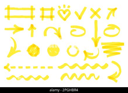 Tratti di marcatore disegnati a mano. Marcatore giallo brillante di forme diverse. Frecce e linee tratteggiate e ondulate disegnate a mano Illustrazione Vettoriale