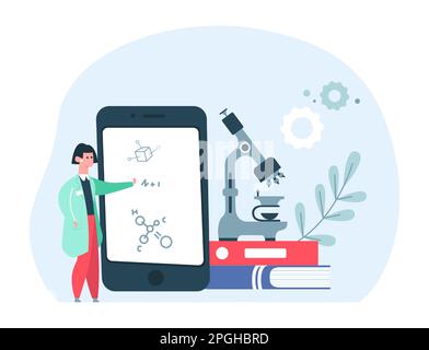 Concetto di educazione online della medicina. Cartoon scienziato femminile in uniforme in piedi vicino grande smartphone con formule e microscopio Illustrazione Vettoriale