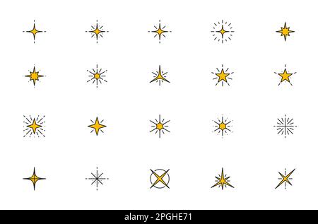 Stelle scintillanti e scintillanti, stelle lampeggianti e icone brillanti, simboli di luce vettoriale. Stelle e stelle magiche brillano, raggi luminosi e scintillanti bri Illustrazione Vettoriale