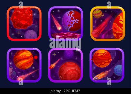 Icone di app per giochi di spazio cartoon con comete e pianeti, badge vettoriali per applicazioni mobili. Icone e pulsanti dell'interfaccia utente dell'app di gioco arcade Galaxy e Alien fantasy Illustrazione Vettoriale
