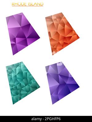 Insieme di mappe poligonali vettoriali del Rhode Island. Mappa a gradiente luminoso dello stato degli Stati Uniti in stile poly basso. Illustrazione Vettoriale
