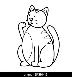 Doodle stick fuori lingua Cat. Animale da compagnia disegnato a mano isolato su sfondo bianco. Contorno animale striato lecca la sua zampa. Personaggio carino, mascotte. Linea kawaii ki Illustrazione Vettoriale