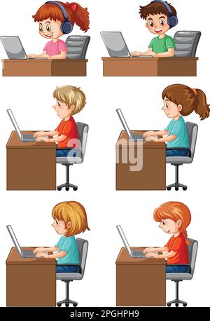 Cartoon ragazzi che utilizzano i notebook per l'illustrazione dell'apprendimento online Illustrazione Vettoriale