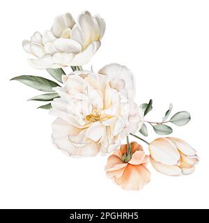 Acquerello bouquet floreale di bianco, pesca, fiori rosa, foglie verdi. Illustrazioni, isolate su sfondo bianco per corone, inviti di nozze, un Foto Stock