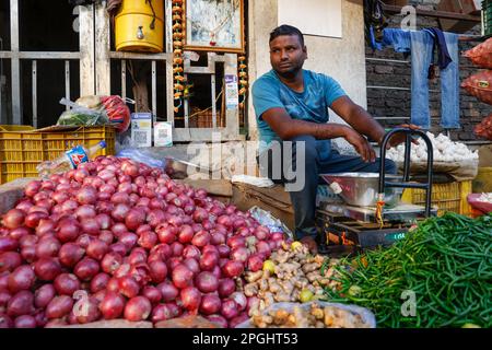 Distributore di verdure di strada con logo senza contanti a Paharganj, Nuova Delhi, India Foto Stock