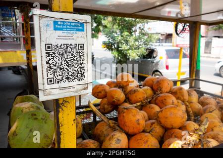 Codice QR per il pagamento senza contanti sulla stalla di un venditore di cocco a Trichy, India Foto Stock