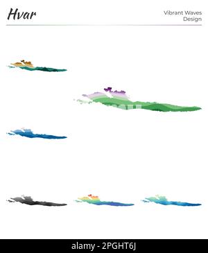Set di mappe vettoriali di Hvar. Design dalle onde vibranti. Mappa luminosa dell'isola in stile geometrico con curve lisce. Mappa di Hvar multicolore per il tuo progetto. Illustrazione Vettoriale