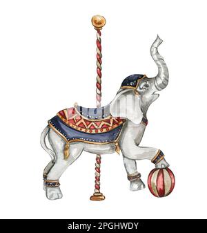 Acquerello disegnato a mano da elefante circo in stile vintage. Un disegno di un elefante con una palla rossa. Perfetto per matrimoni, inviti, blog, biglietti Foto Stock