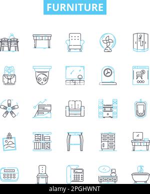 Set icone linea vettoriale mobili. Mobili, Sedie, Tavoli, Divani, scrivania, Sgabelli, illustrazioni armadio delineano simboli e segni concettuali Illustrazione Vettoriale