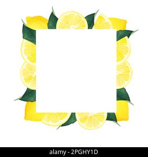 cornice quadrata al limone color acqua con foglia. isolato su sfondo bianco. illustrazione per disegno, cartolina, invito, banner, sfondo. Foto Stock