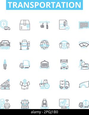 Set di icone delle linee vettoriali per il trasporto. Viaggi, transito, trasporto, consegna, spedizione, Logistica, illustrazione della barca delineano i simboli e i segni di concetto Illustrazione Vettoriale