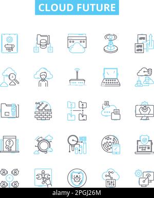 Set di icone future di linee vettoriali per cloud. Cloud, futuro, computing, intelligenza artificiale, IoT, L'illustrazione digitale della trasformazione illustra i simboli e i segni dei concetti Illustrazione Vettoriale