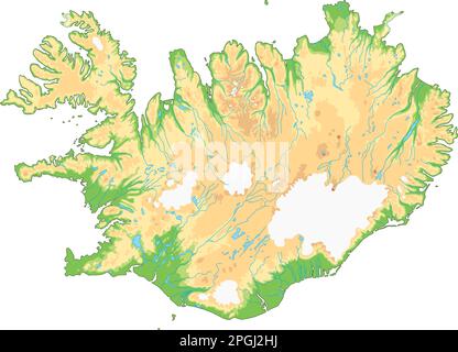 Mappa fisica islandese molto dettagliata con etichettatura. Illustrazione Vettoriale