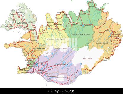 Islanda - Mappa politica modificabile molto dettagliata con etichettatura. Illustrazione Vettoriale