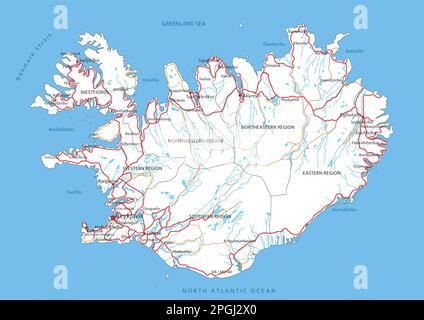 Mappa stradale dettagliata dell'Islanda con etichettatura. Illustrazione Vettoriale