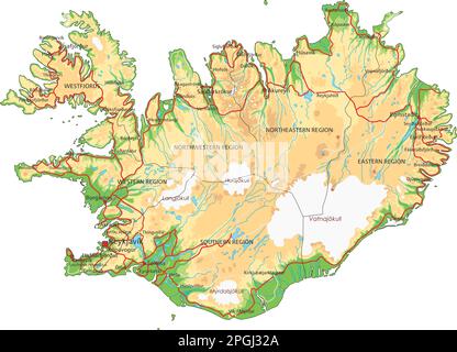 Mappa fisica islandese molto dettagliata con etichettatura. Illustrazione Vettoriale